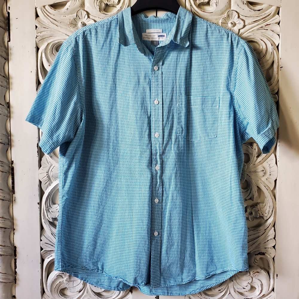 Blue check short sleeve button down shirt